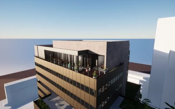 Digitale impressie van een modern kantoorgebouw aan de Aert van Nesstraat met een dakterras en mensen op het balkon.